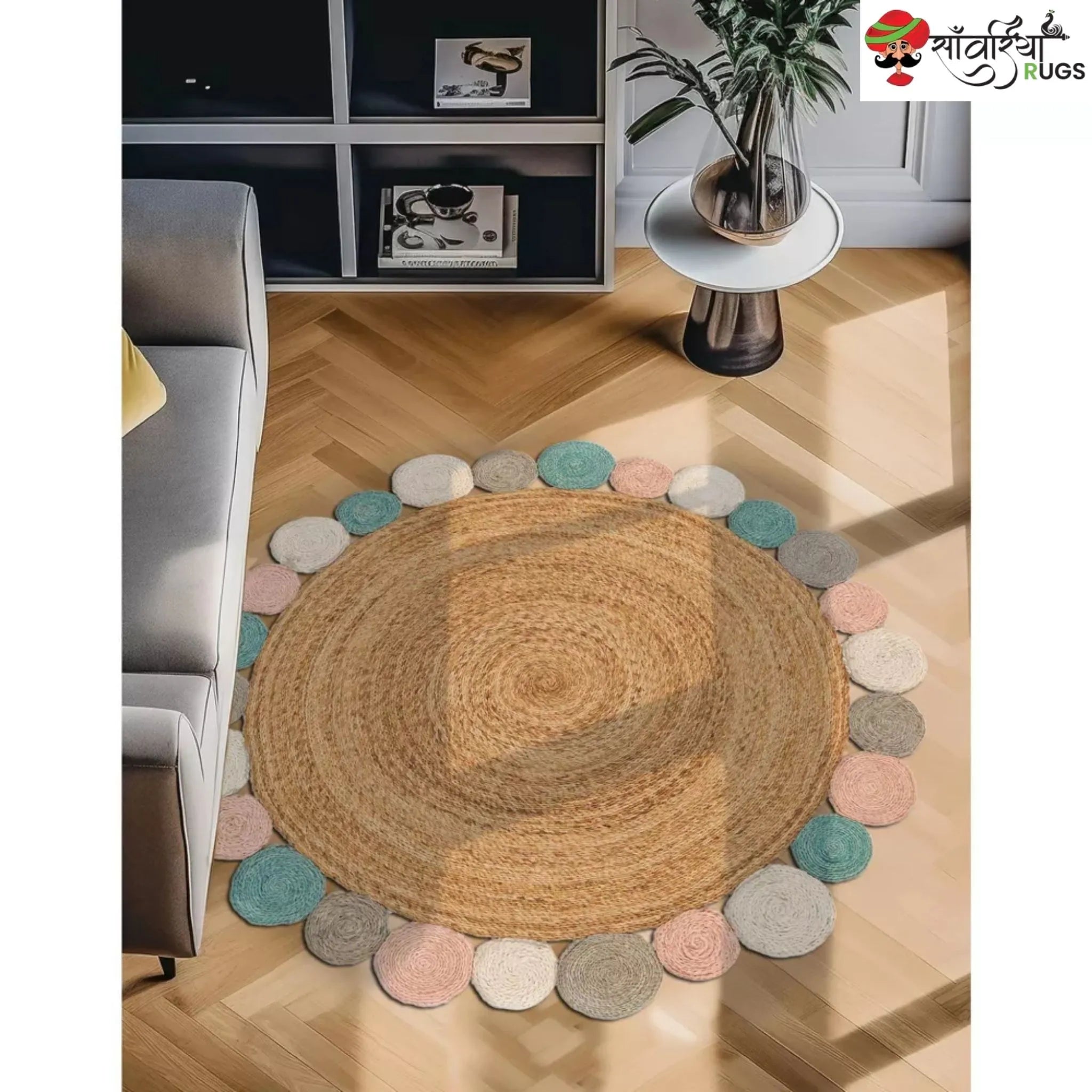 Handmade Braided Jute Round Rug with Multicolor Disc Border