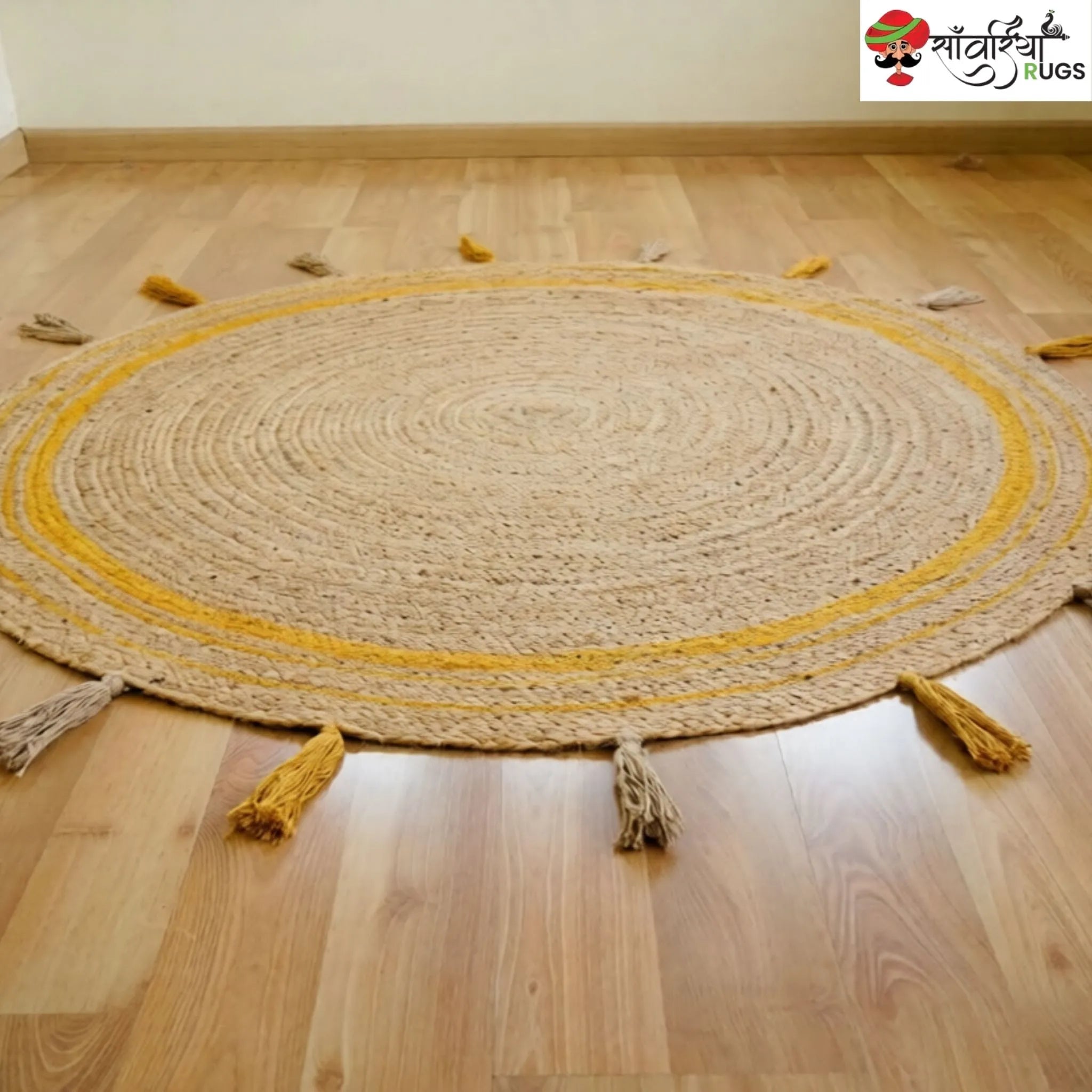 Yellow Braided Jute Round Rug with Tassel Details