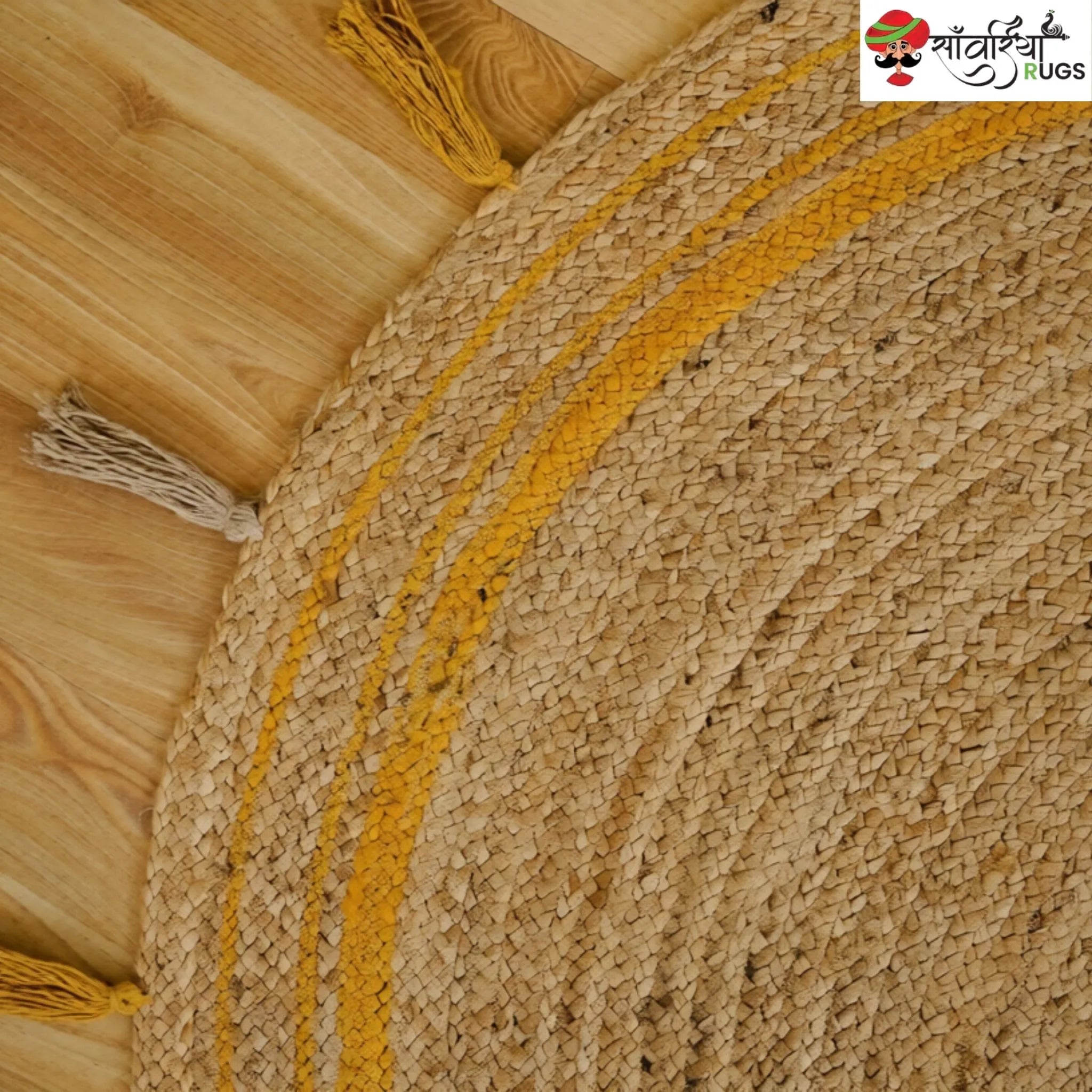 Yellow Braided Jute Round Rug with Tassel Details