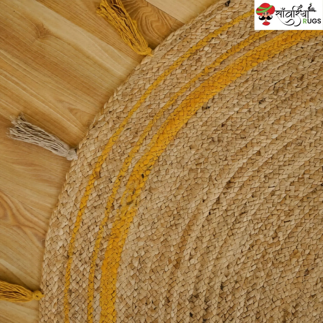 Yellow Braided Jute Round Rug with Tassel Details