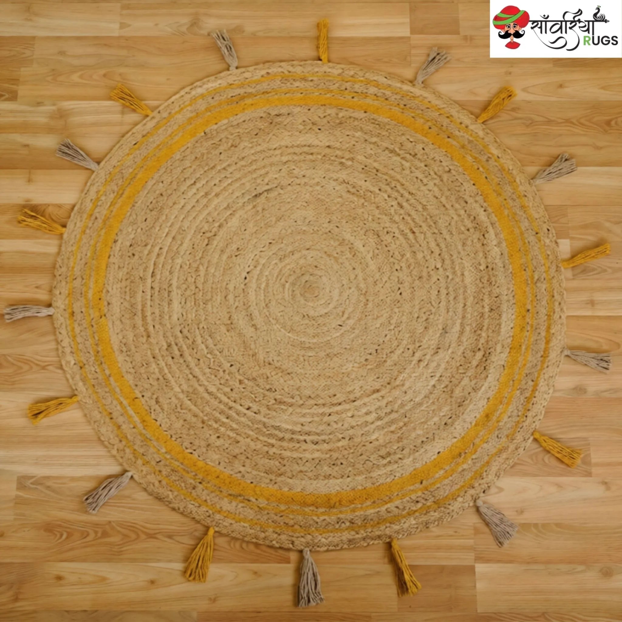 Yellow Braided Jute Round Rug with Tassel Details