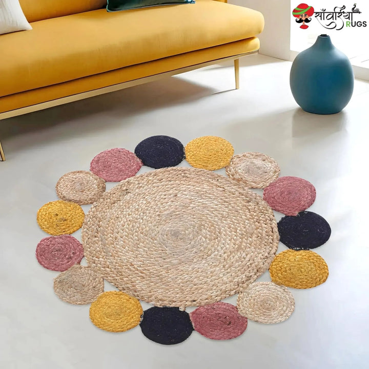 Hand-Woven Braided Jute Round Rug – Multicolor Border Design