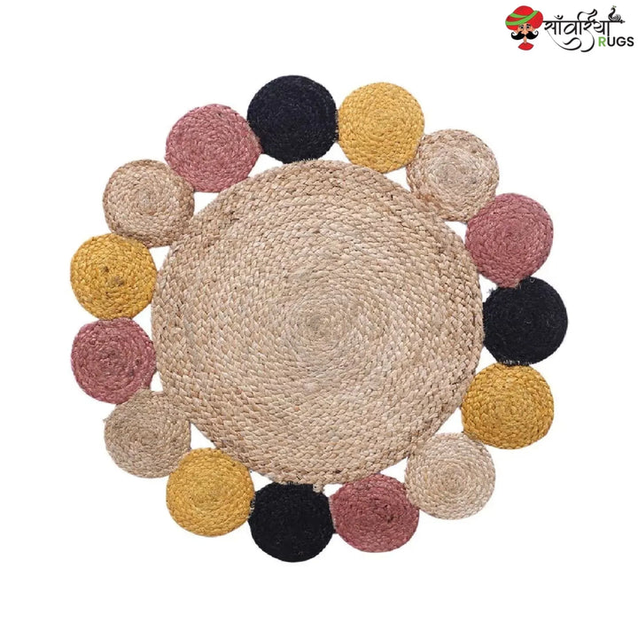 Hand-Woven Braided Jute Round Rug – Multicolor Border Design