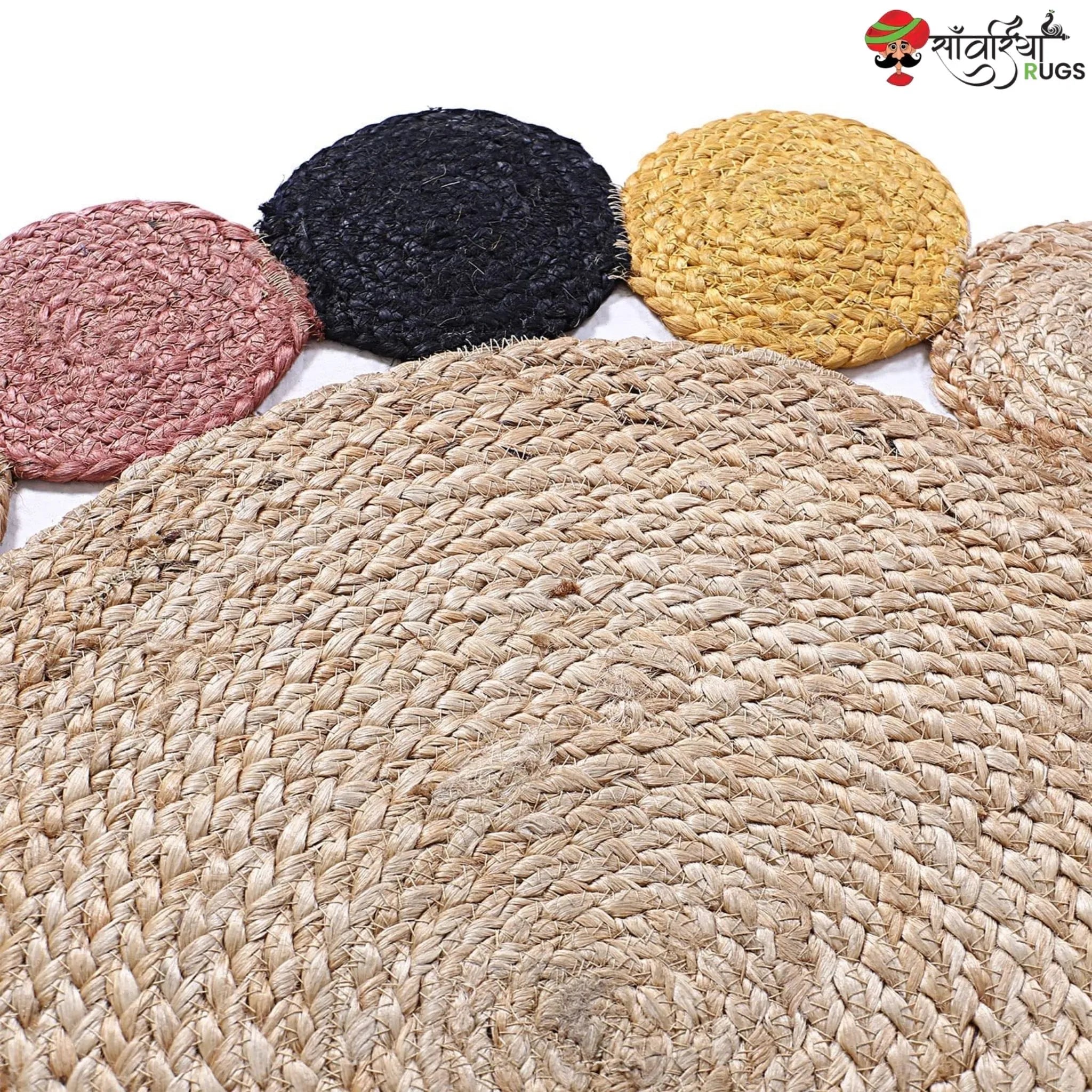 Hand-Woven Braided Jute Round Rug – Multicolor Border Design