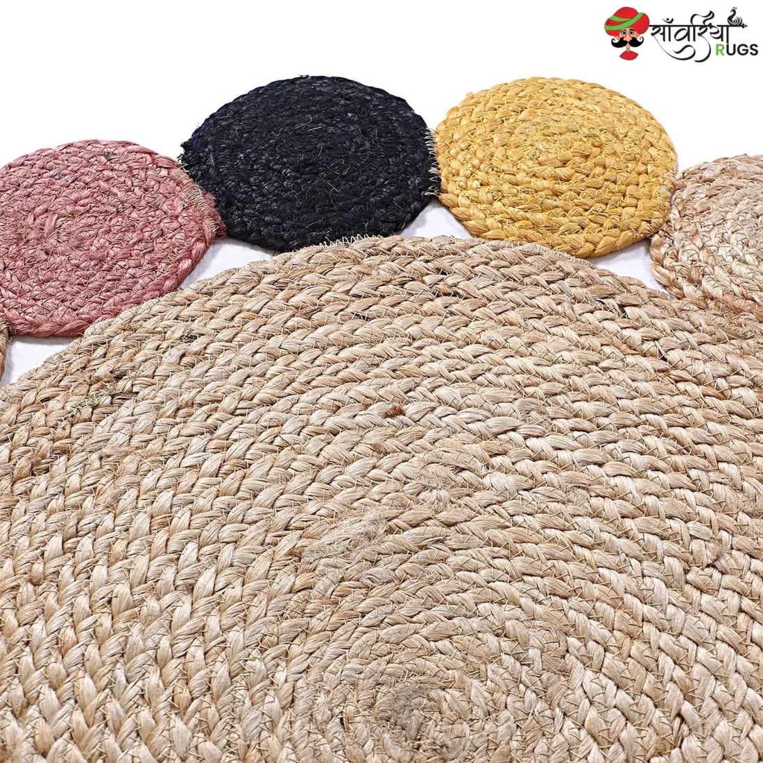 Hand-Woven Braided Jute Round Rug – Multicolor Border Design