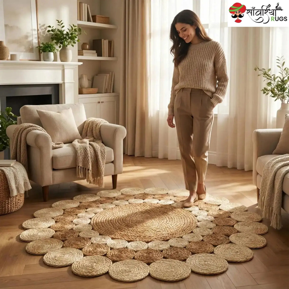 Handwoven Two-Tone Braided Jute Round Rug