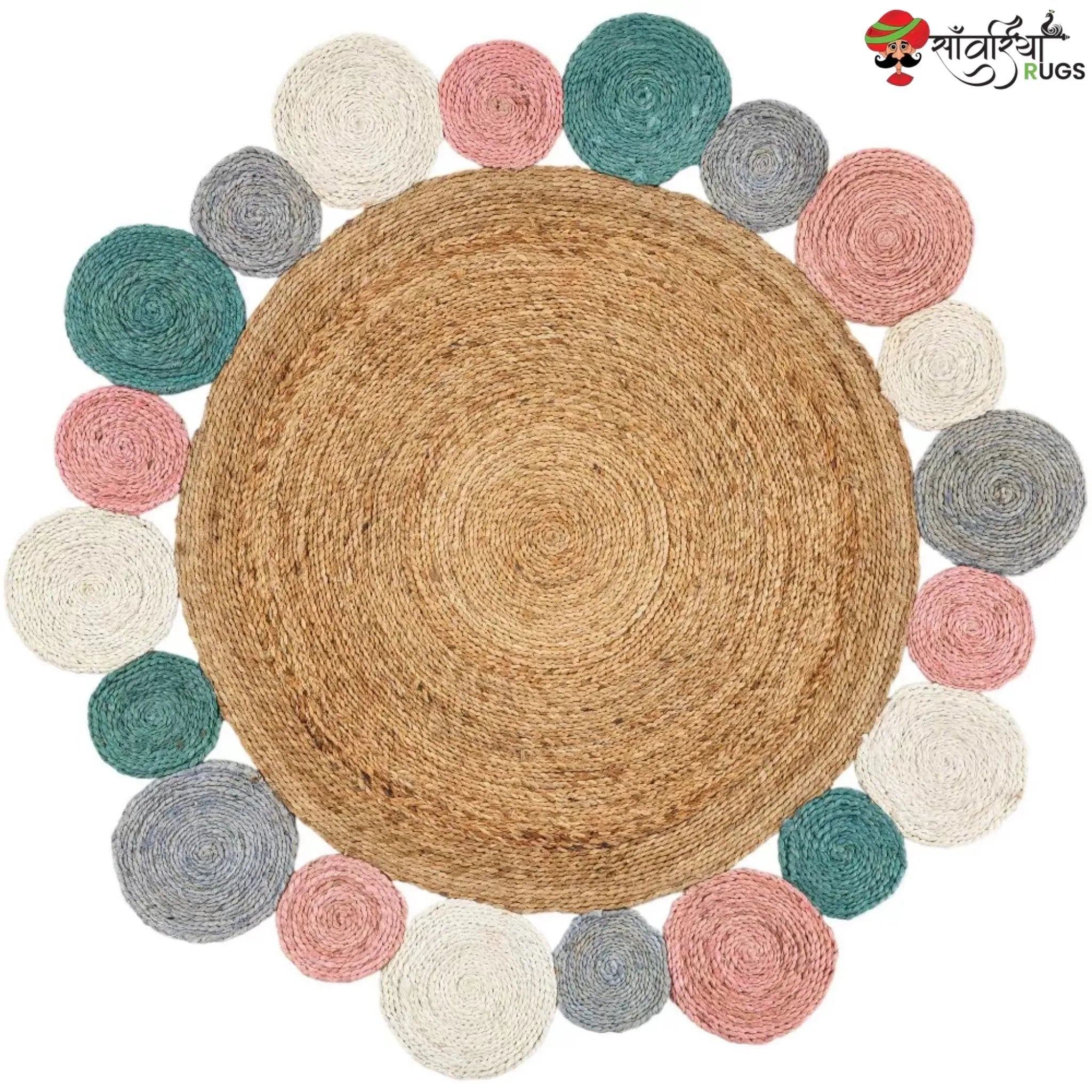 Handmade Braided Jute Round Rug with Multicolor Disc Border