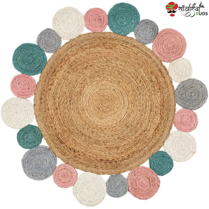 Handmade Braided Jute Round Rug with Multicolor Disc Border