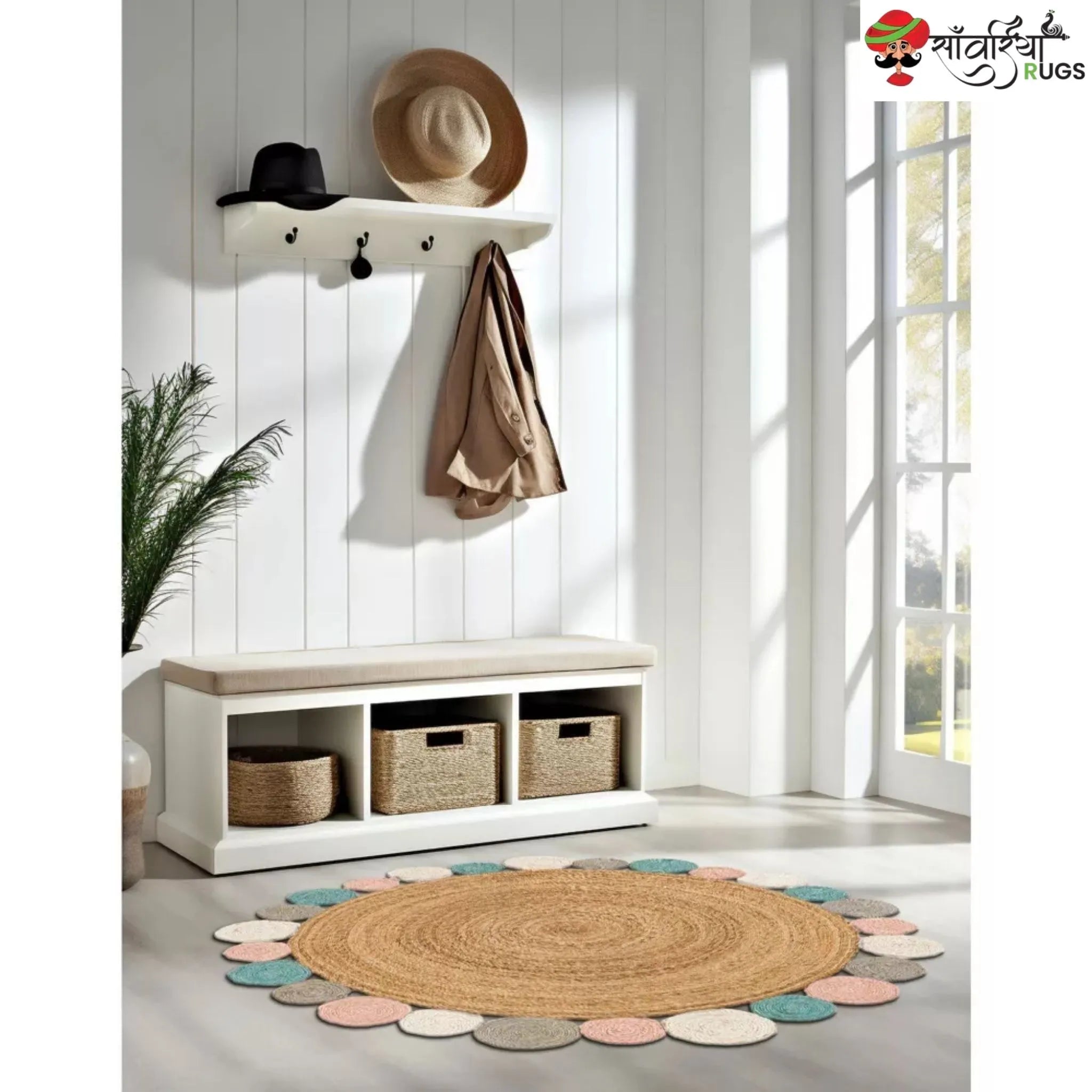 Handmade Braided Jute Round Rug with Multicolor Disc Border
