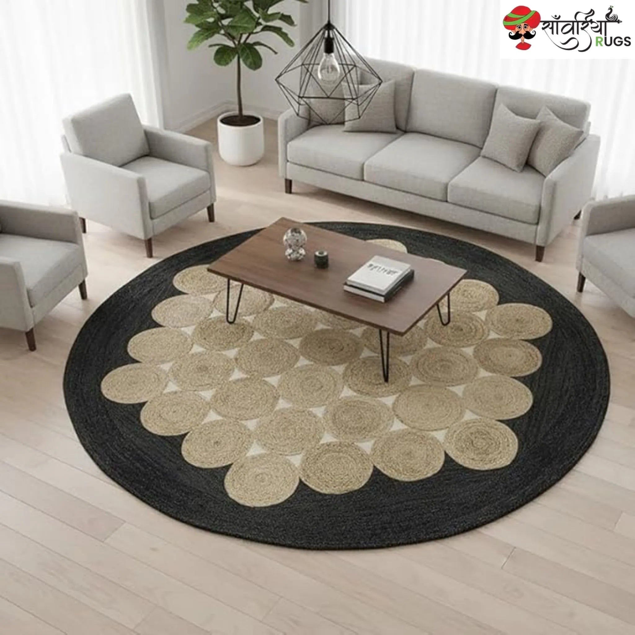 Handcrafted Black Round Jute Area Rug – Braided Disc Design