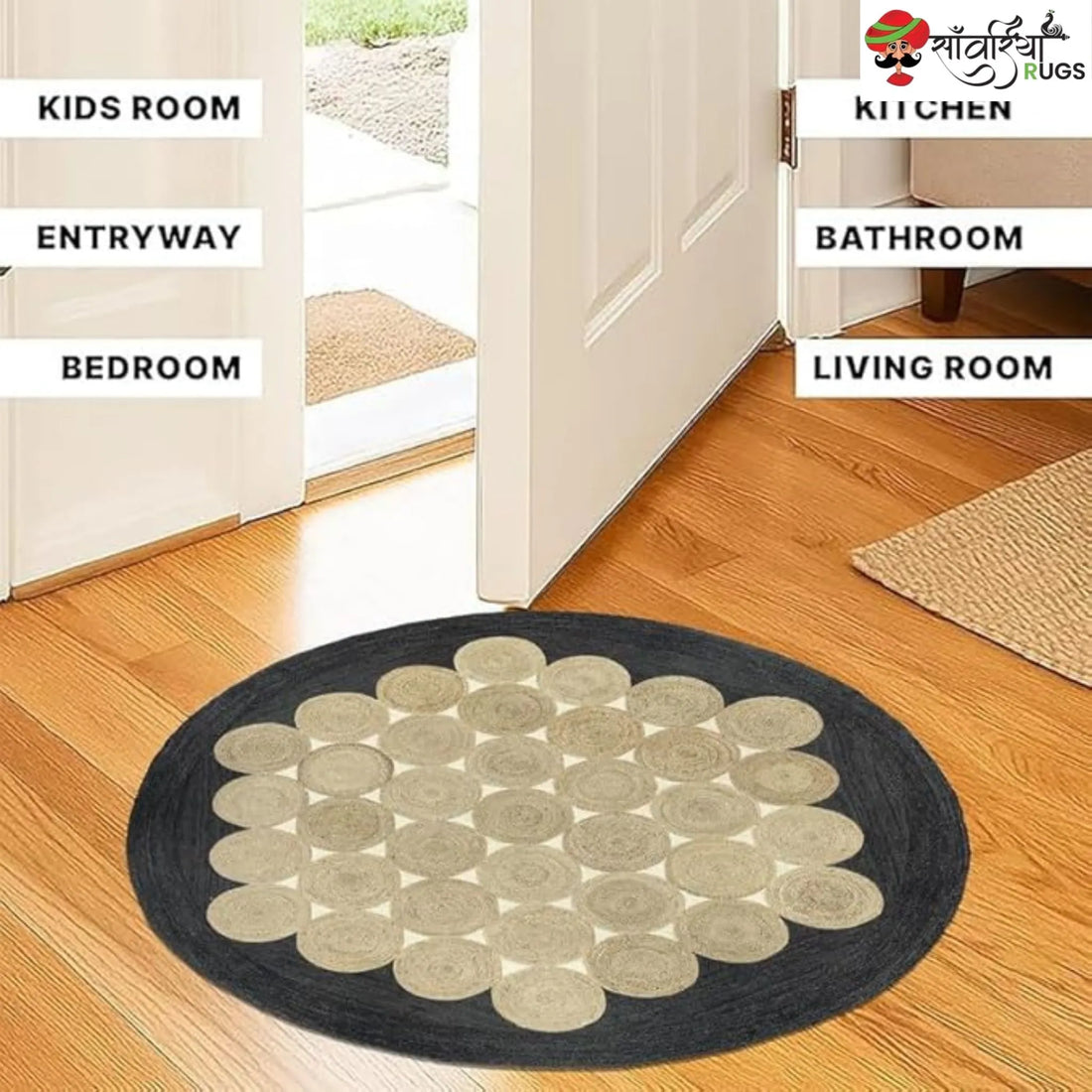 Handcrafted Black Round Jute Area Rug – Braided Disc Design