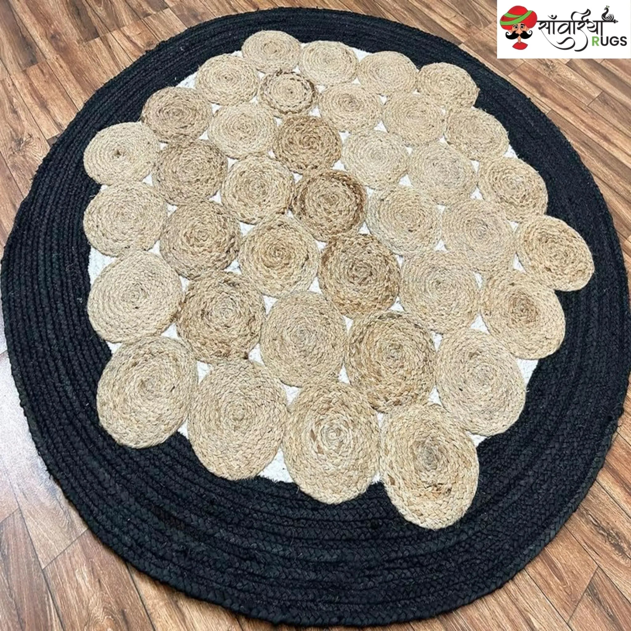 Handcrafted Black Round Jute Area Rug – Braided Disc Design