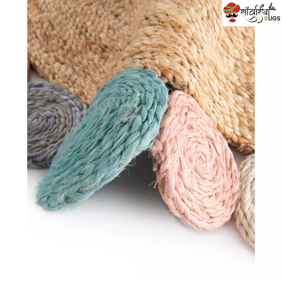 Handmade Braided Jute Round Rug with Multicolor Disc Border