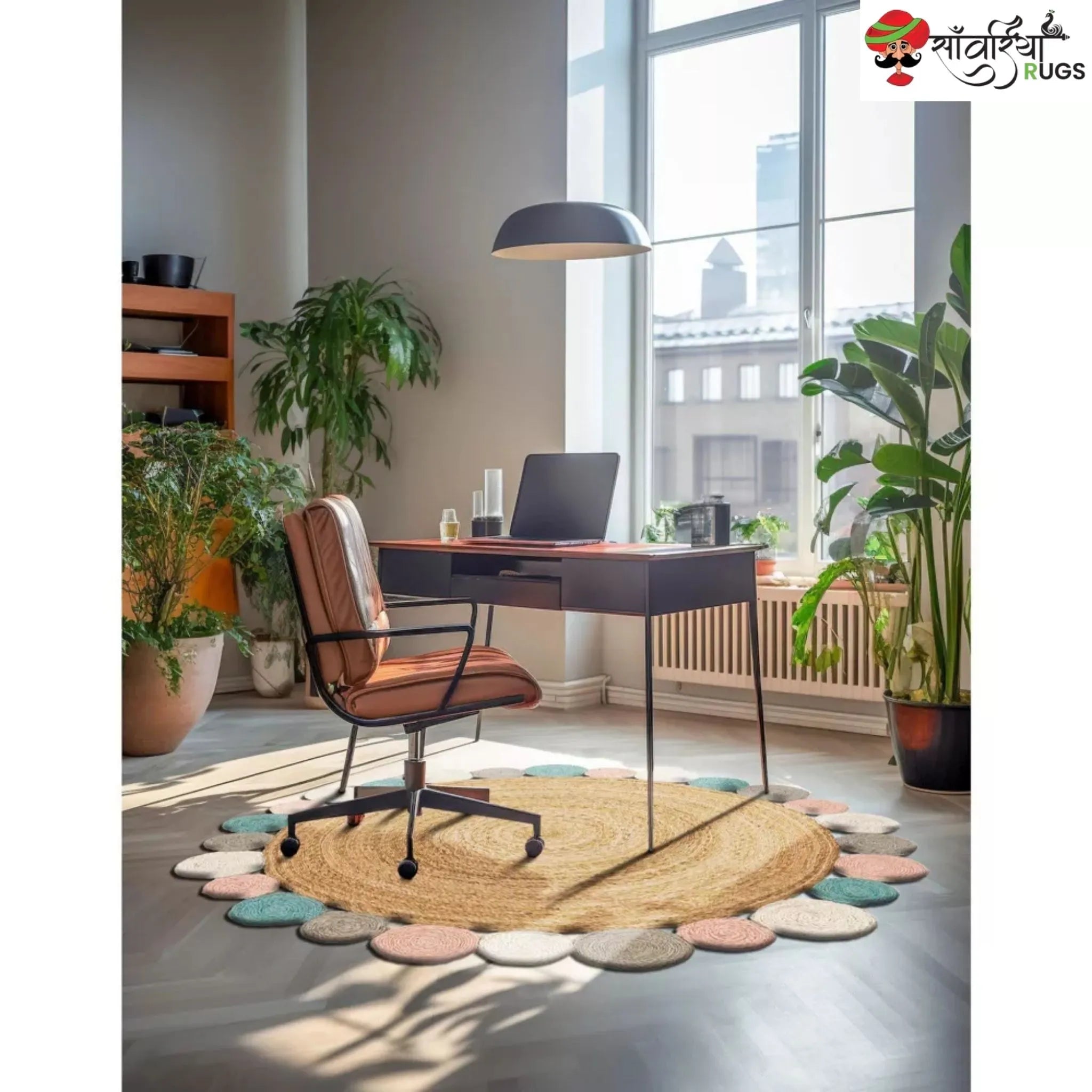 Handmade Braided Jute Round Rug with Multicolor Disc Border