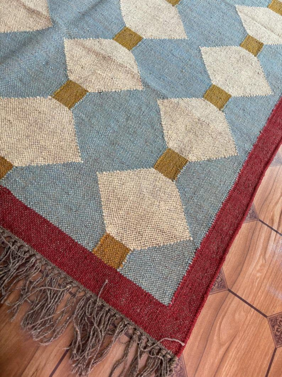 Blue Diamond Wool Jute Kilim Rug – Handwoven Indian Dhurrie, Custom Size