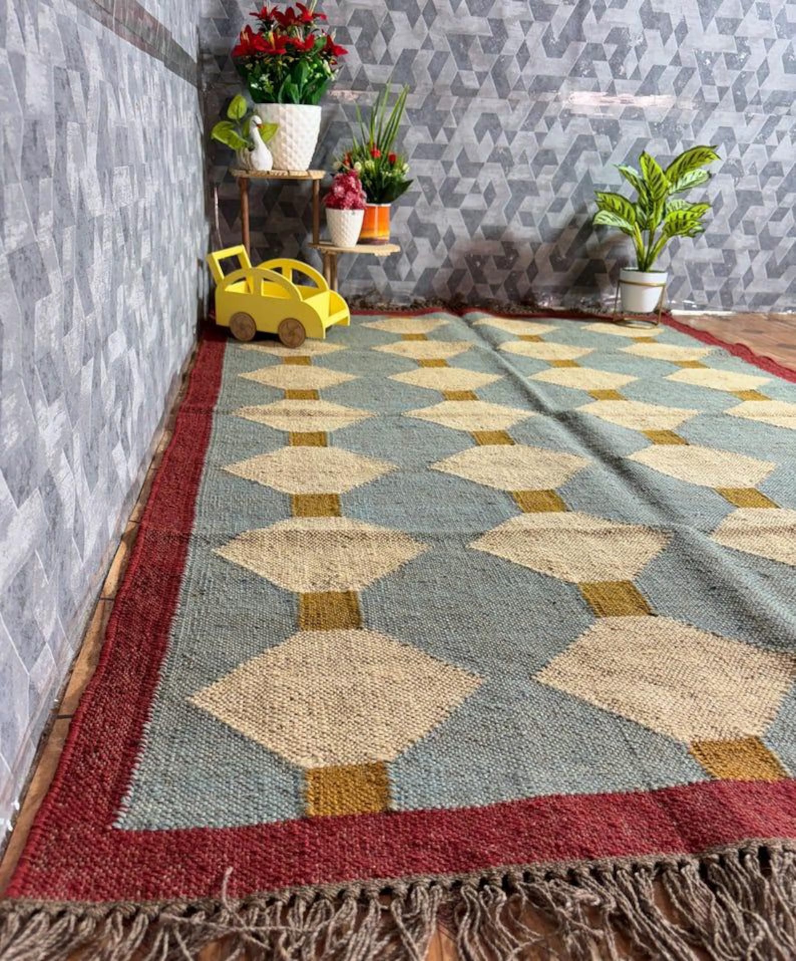Blue Diamond Wool Jute Kilim Rug – Handwoven Indian Dhurrie, Custom Size