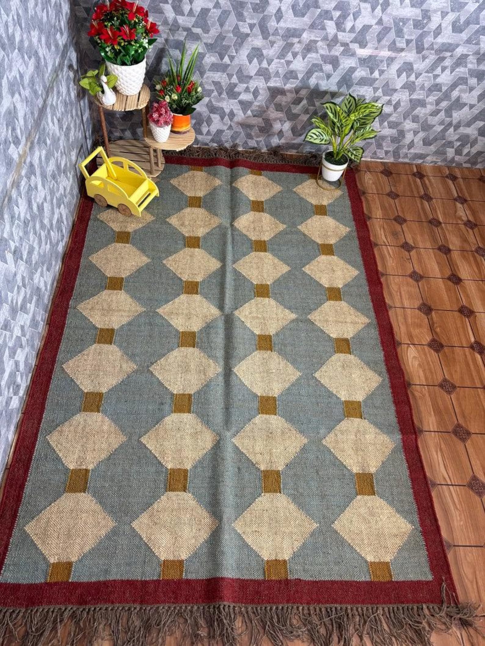Blue Diamond Wool Jute Kilim Rug – Handwoven Indian Dhurrie, Custom Size
