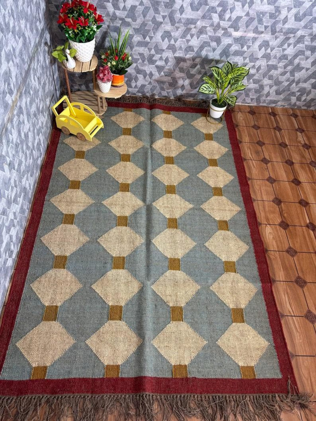 Blue Diamond Wool Jute Kilim Rug – Handwoven Indian Dhurrie, Custom Size