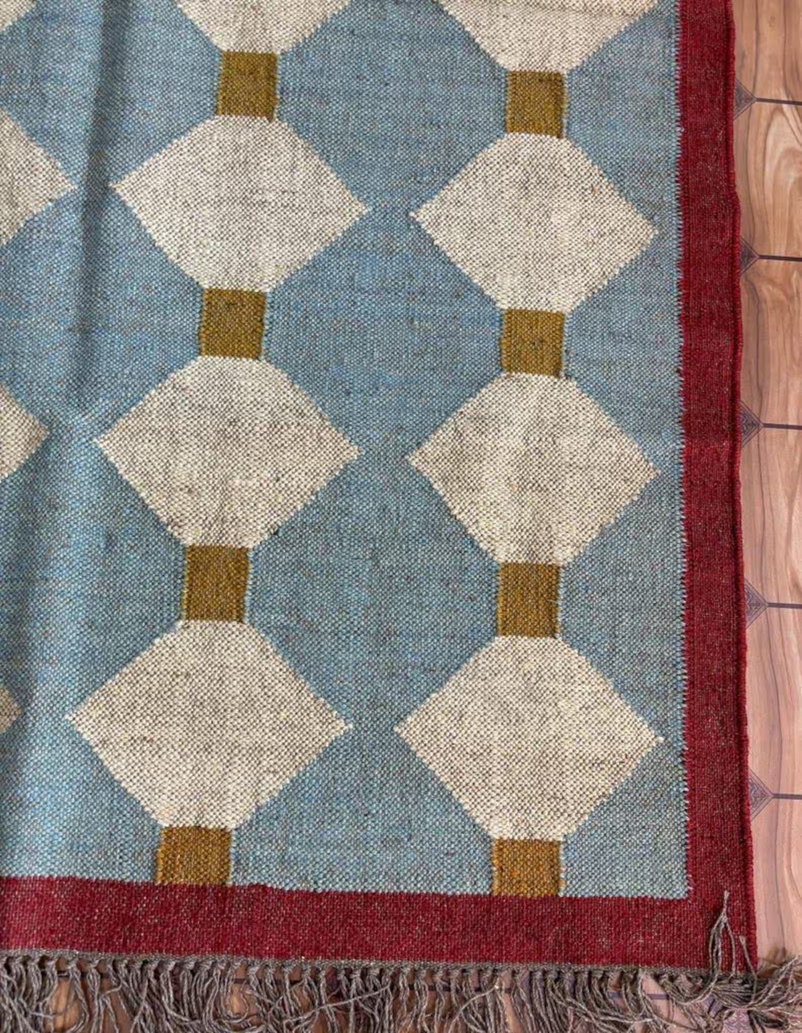 Blue Diamond Wool Jute Kilim Rug – Handwoven Indian Dhurrie, Custom Size