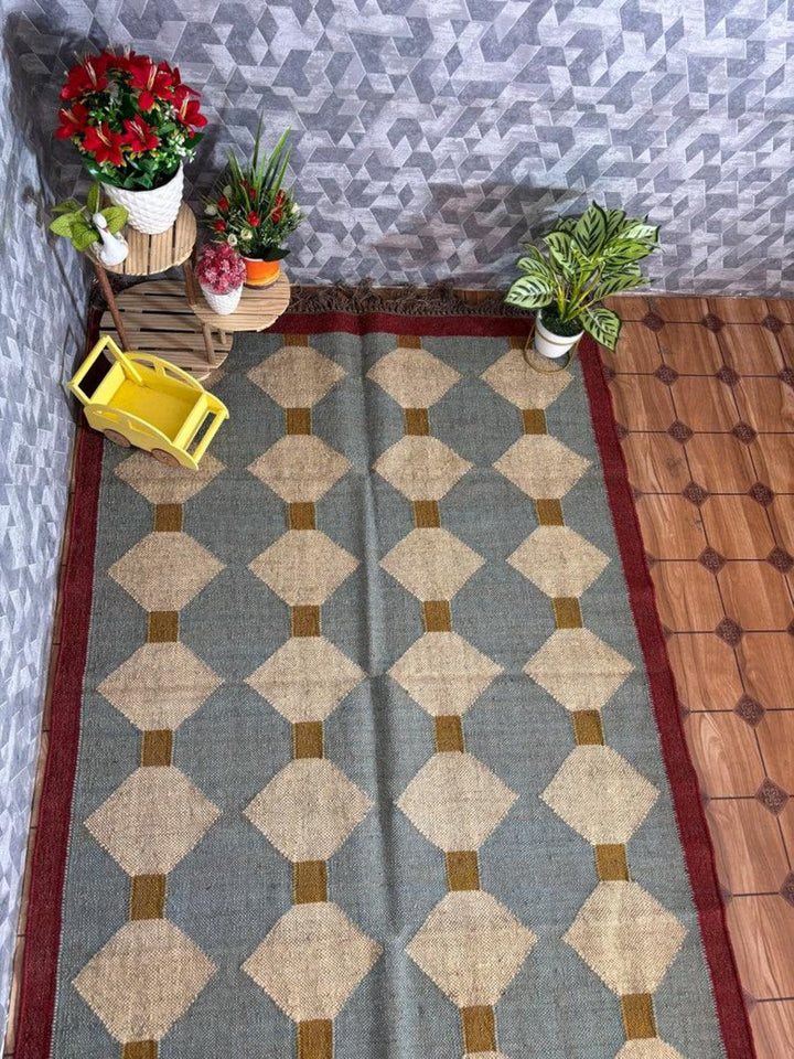 Blue Diamond Wool Jute Kilim Rug – Handwoven Indian Dhurrie, Custom Size