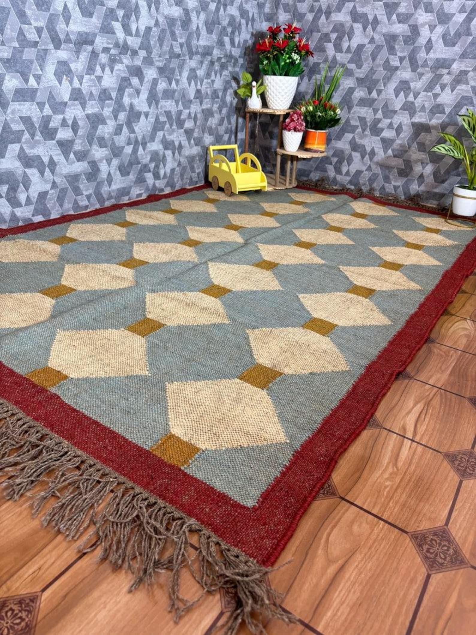 Blue Diamond Wool Jute Kilim Rug – Handwoven Indian Dhurrie, Custom Size