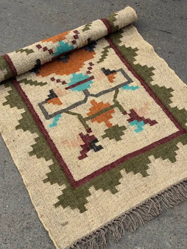 Olive Stepped-Border Kilim Runner – Handwoven Wool Jute Floral Medallion Rug