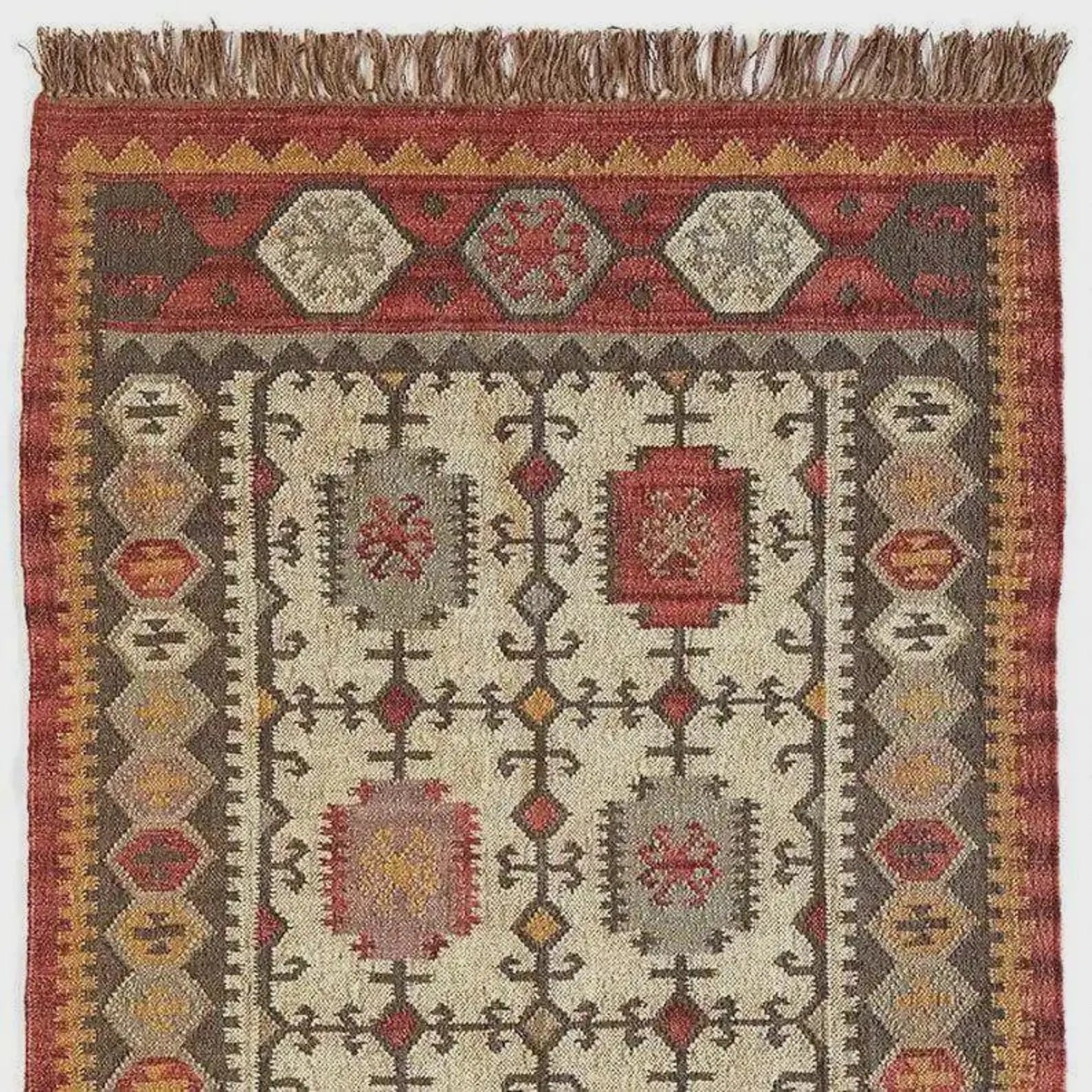 Indian Wool Jute Kilim Rug – Handwoven Ivory & Rust Dhurrie, 4x6–9x12 Ft