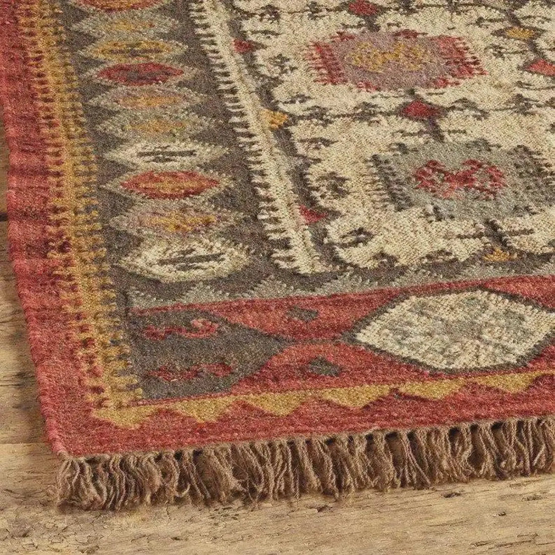 Indian Wool Jute Kilim Rug – Handwoven Ivory & Rust Dhurrie, 4x6–9x12 Ft