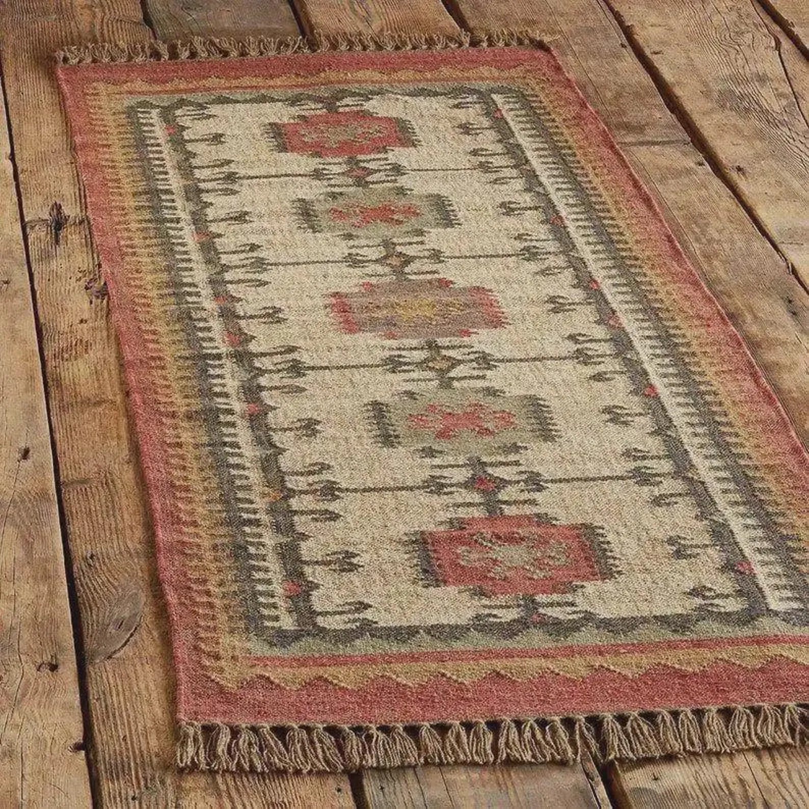 Indian Wool Jute Kilim Rug – Handwoven Ivory & Rust Dhurrie, 4x6–9x12 Ft