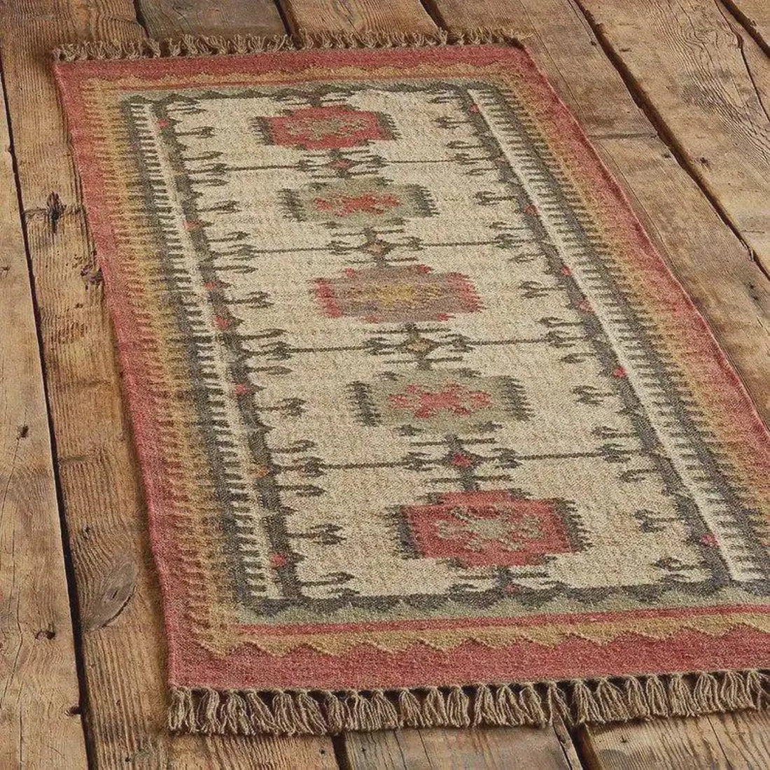 Indian Wool Jute Kilim Rug – Handwoven Ivory & Rust Dhurrie, 4x6–9x12 Ft