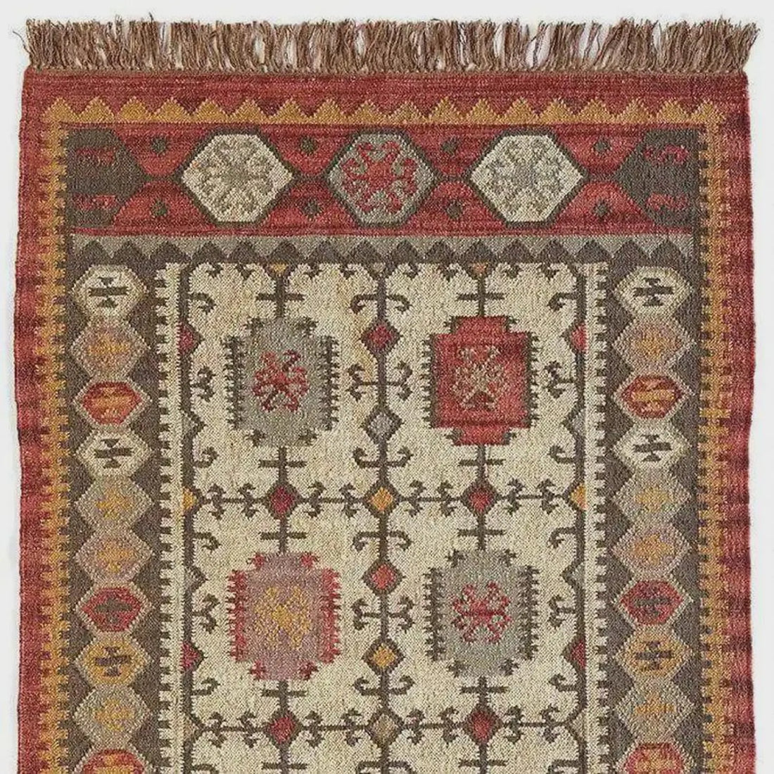 Indian Wool Jute Kilim Rug – Handwoven Ivory & Rust Dhurrie, 4x6–9x12 Ft