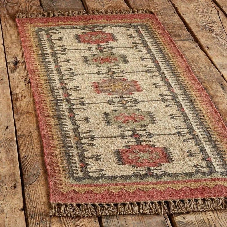 Rust Red Geometric Wool & Jute Kilim Runner Rug
