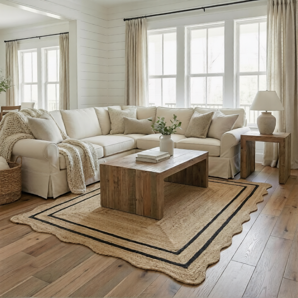 Natural Jute Wave Scalloped Area Rug – Handmade Braided Jute Rug