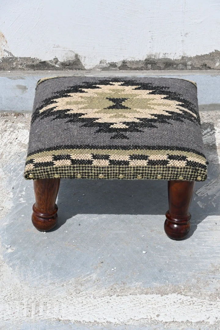 Handmade Sage Green Kilim Ottoman Footstool | Wool Jute Upholstered Tribal Accent Stool with Solid Wooden Legs for Living Room