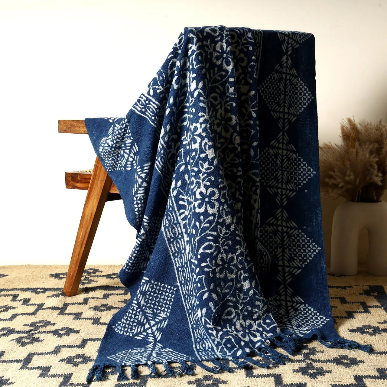 Navy Blue Botanical Throw Blanket with Fringe | Sanwariya Rugs
