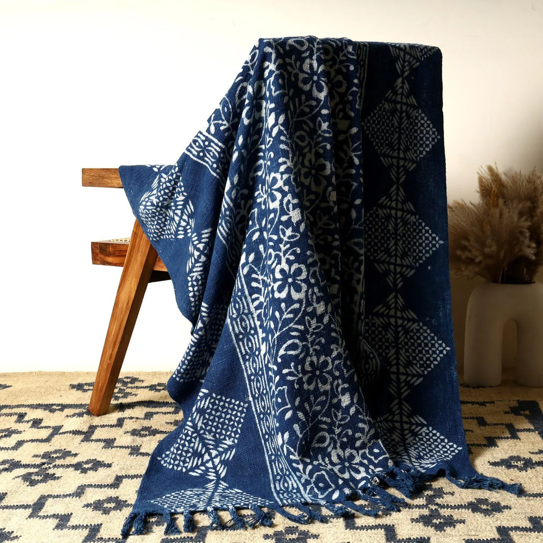 Navy Blue Botanical Throw Blanket with Fringe | Sanwariya Rugs