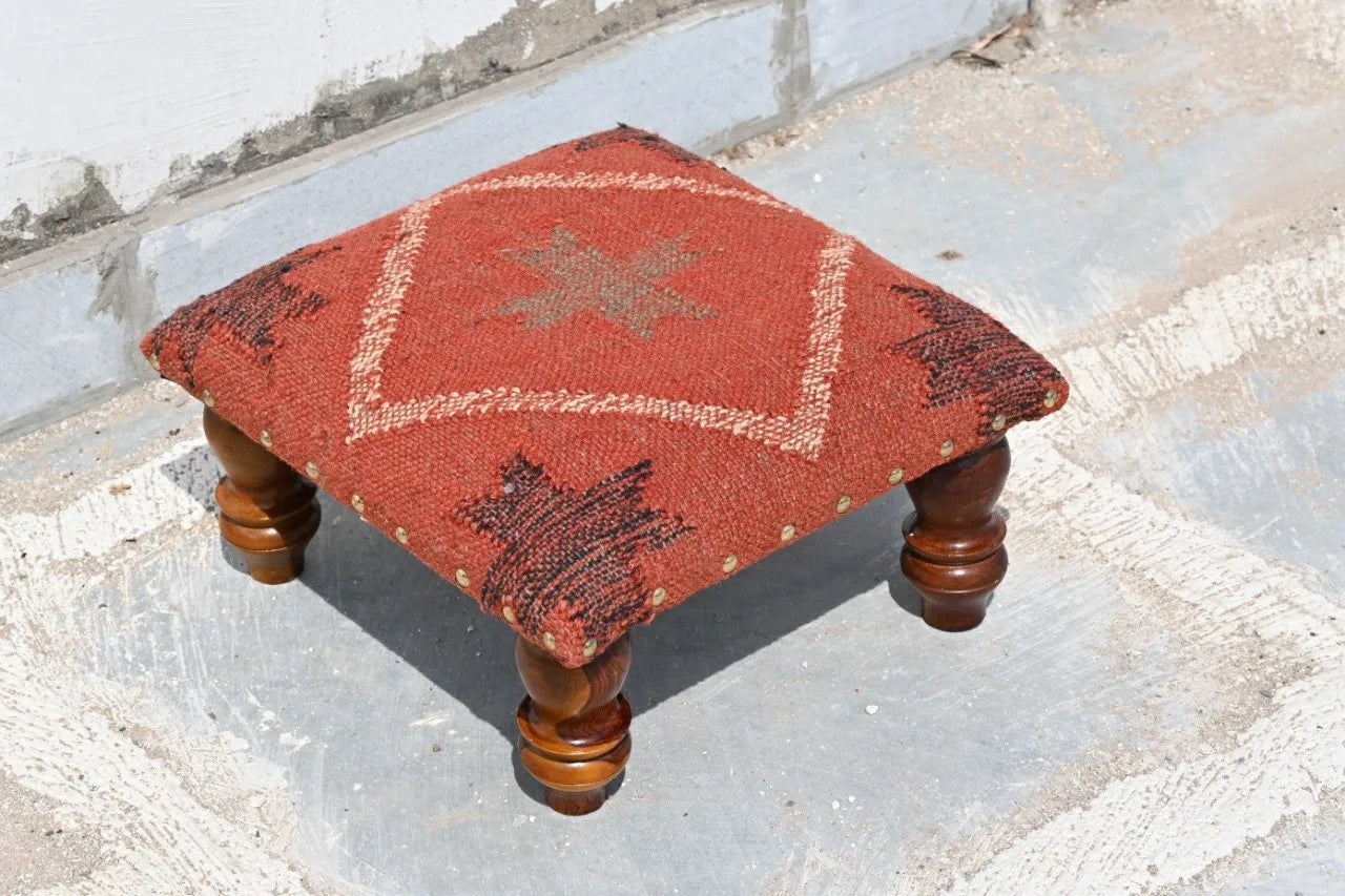 Handmade Terracotta Red Kilim Ottoman Footstool | Wool Jute Upholstered Tribal Accent Stool with Solid Wooden Legs
