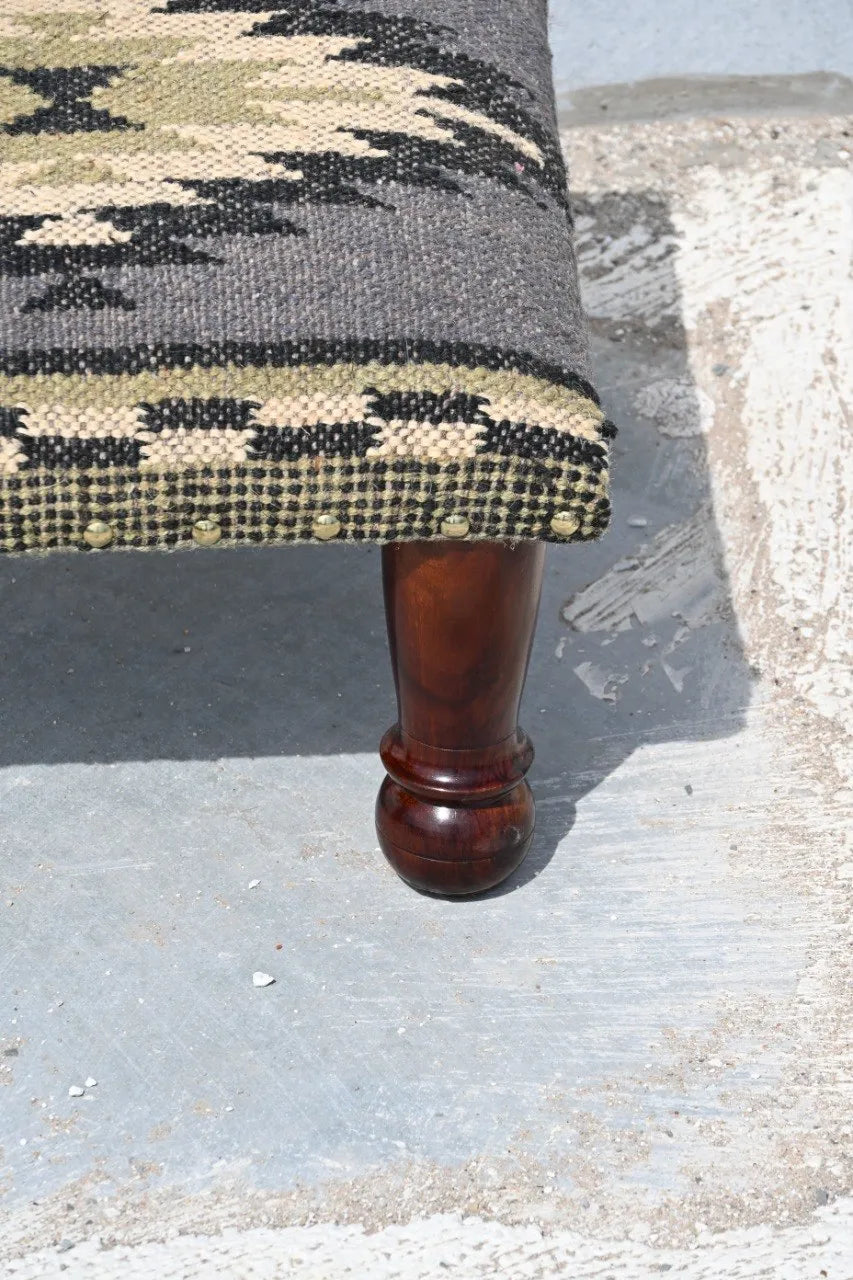 Handmade Sage Green Kilim Ottoman Footstool | Wool Jute Upholstered Tribal Accent Stool with Solid Wooden Legs for Living Room