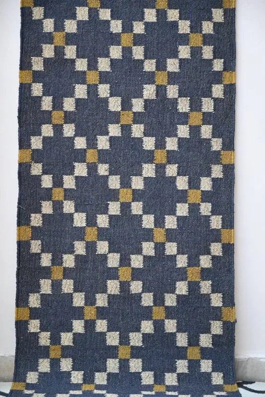 Charcoal Diamond Wool & Jute Kilim Runner Rug With Custom Made
