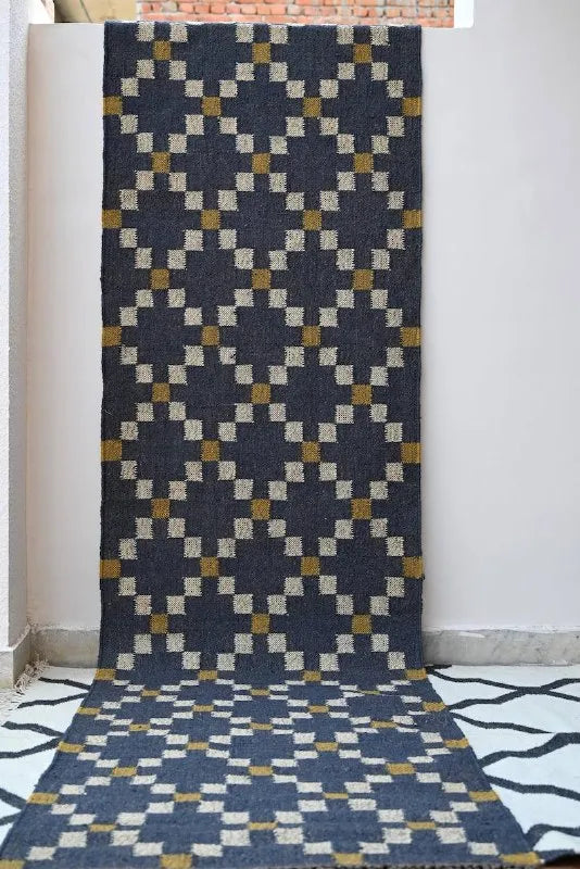 Charcoal Diamond Wool & Jute Kilim Runner Rug With Custom Made