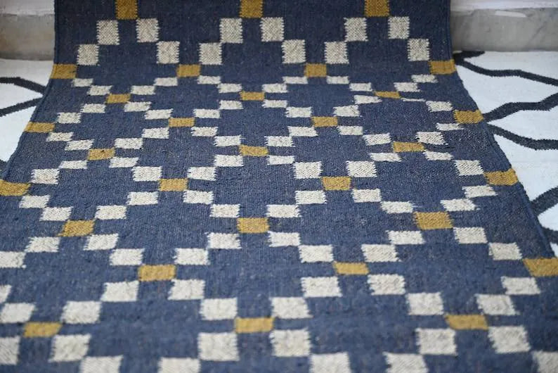 Charcoal Diamond Wool & Jute Kilim Runner Rug With Custom Made