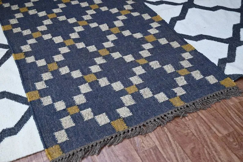 Charcoal Diamond Wool & Jute Kilim Runner Rug With Custom Made