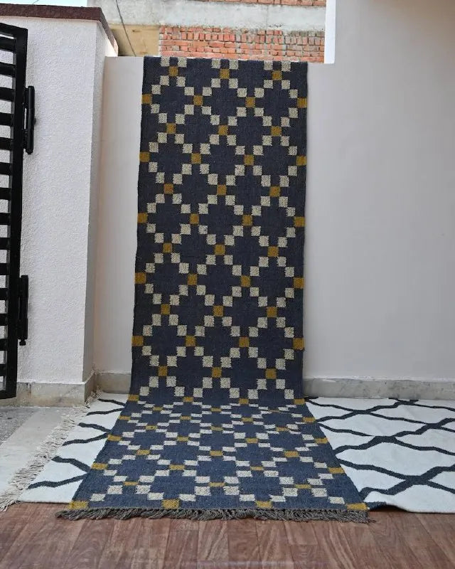 Charcoal Diamond Wool & Jute Kilim Runner Rug With Custom Made