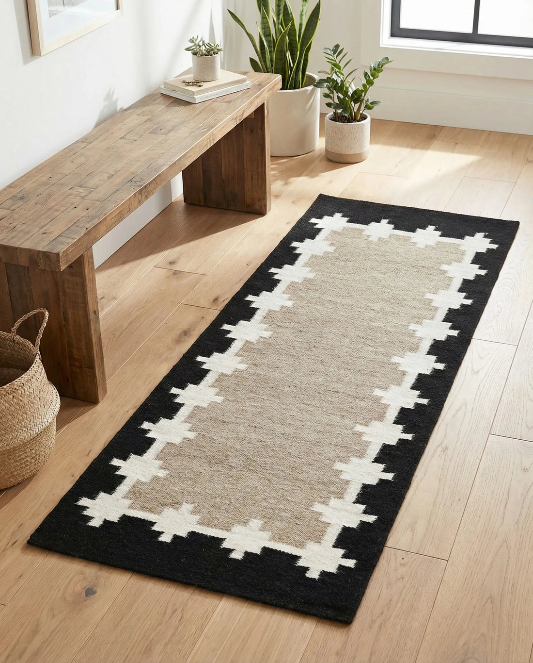 Black & White Jute Runner Rug – Eco-Friendly Hemp Fiber Hallway Carpet