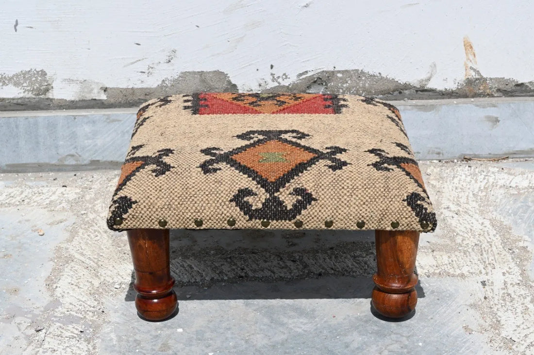 Handmade Southwestern Kilim Ottoman Footstool | Wool Jute Upholstered Tribal Accent Stool with Solid Wooden Legs for Living Room