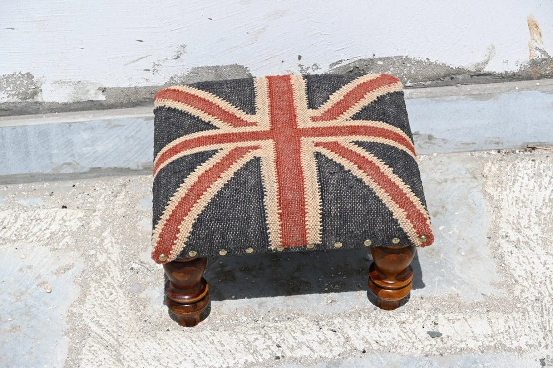Handmade Union Jack Kilim Ottoman Footstool | Wool Jute Upholstered British Flag Pouf Stool with Solid Wooden Legs for Living Room