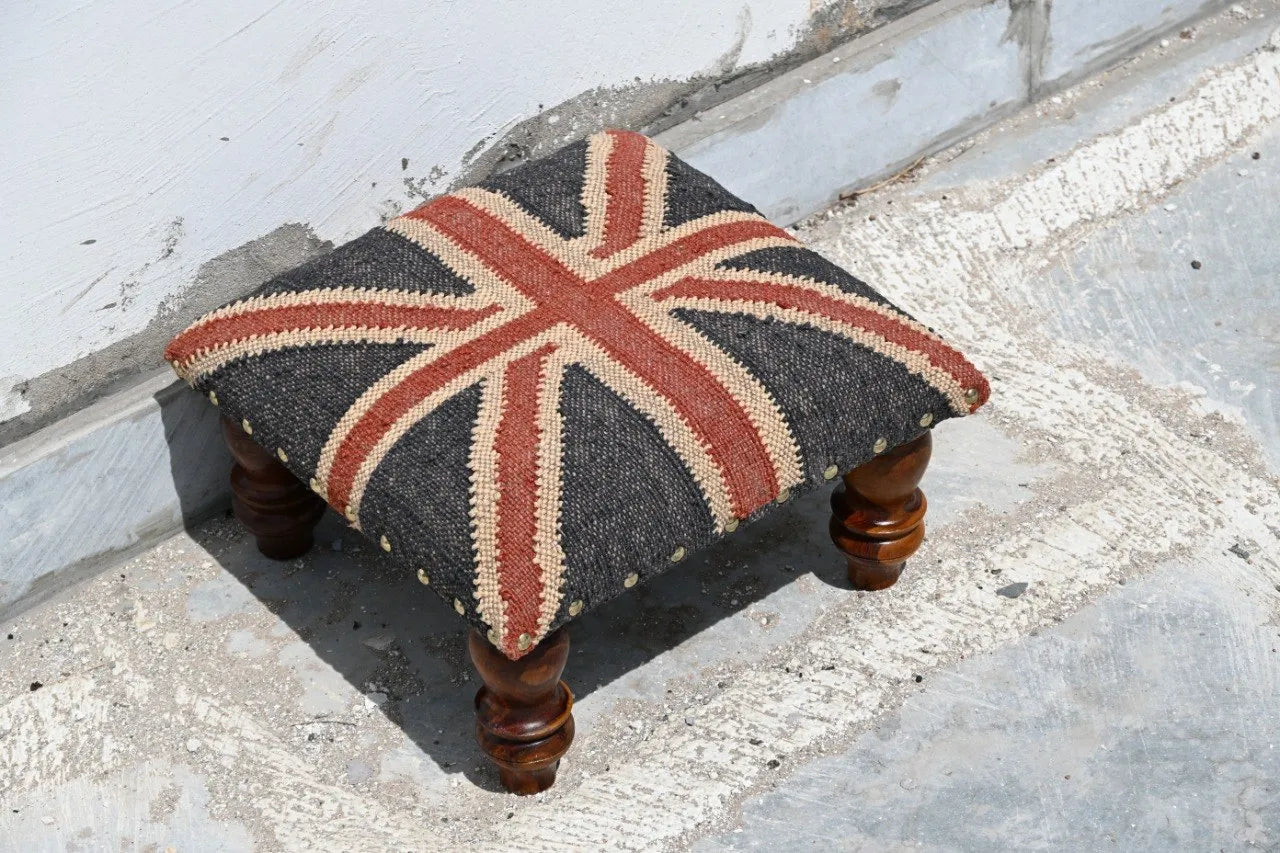 Handmade Union Jack Kilim Ottoman Footstool | Wool Jute Upholstered British Flag Pouf Stool with Solid Wooden Legs for Living Room