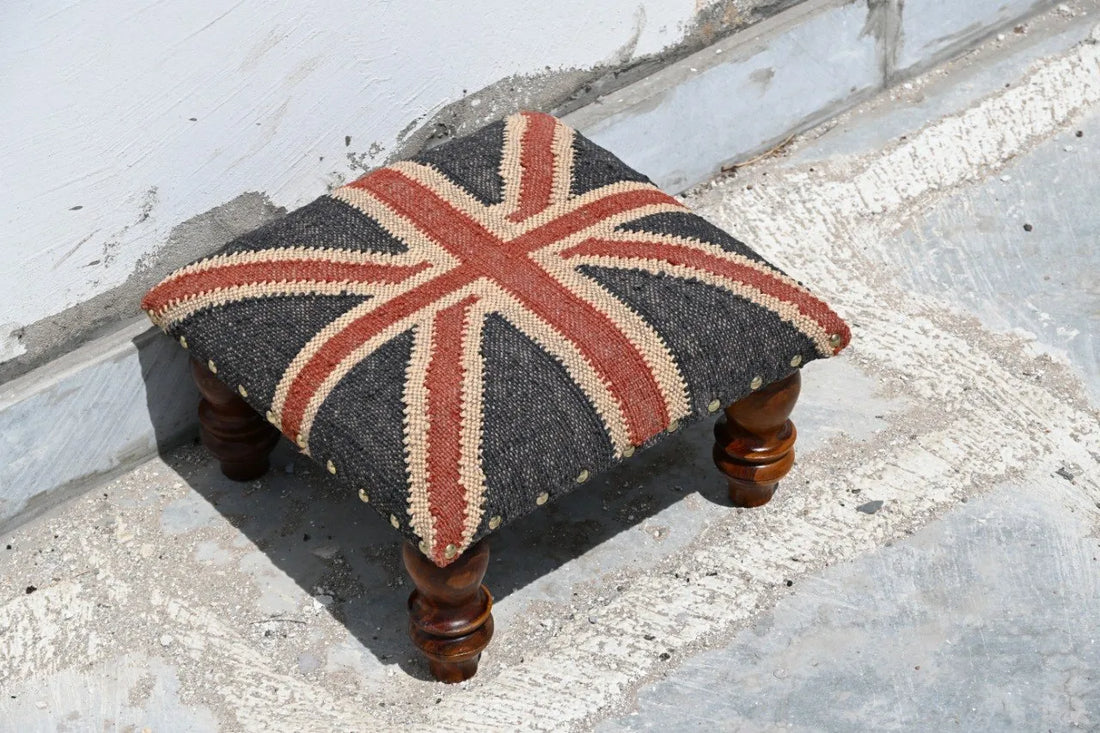 Handmade Union Jack Kilim Ottoman Footstool | Wool Jute Upholstered British Flag Pouf Stool with Solid Wooden Legs for Living Room
