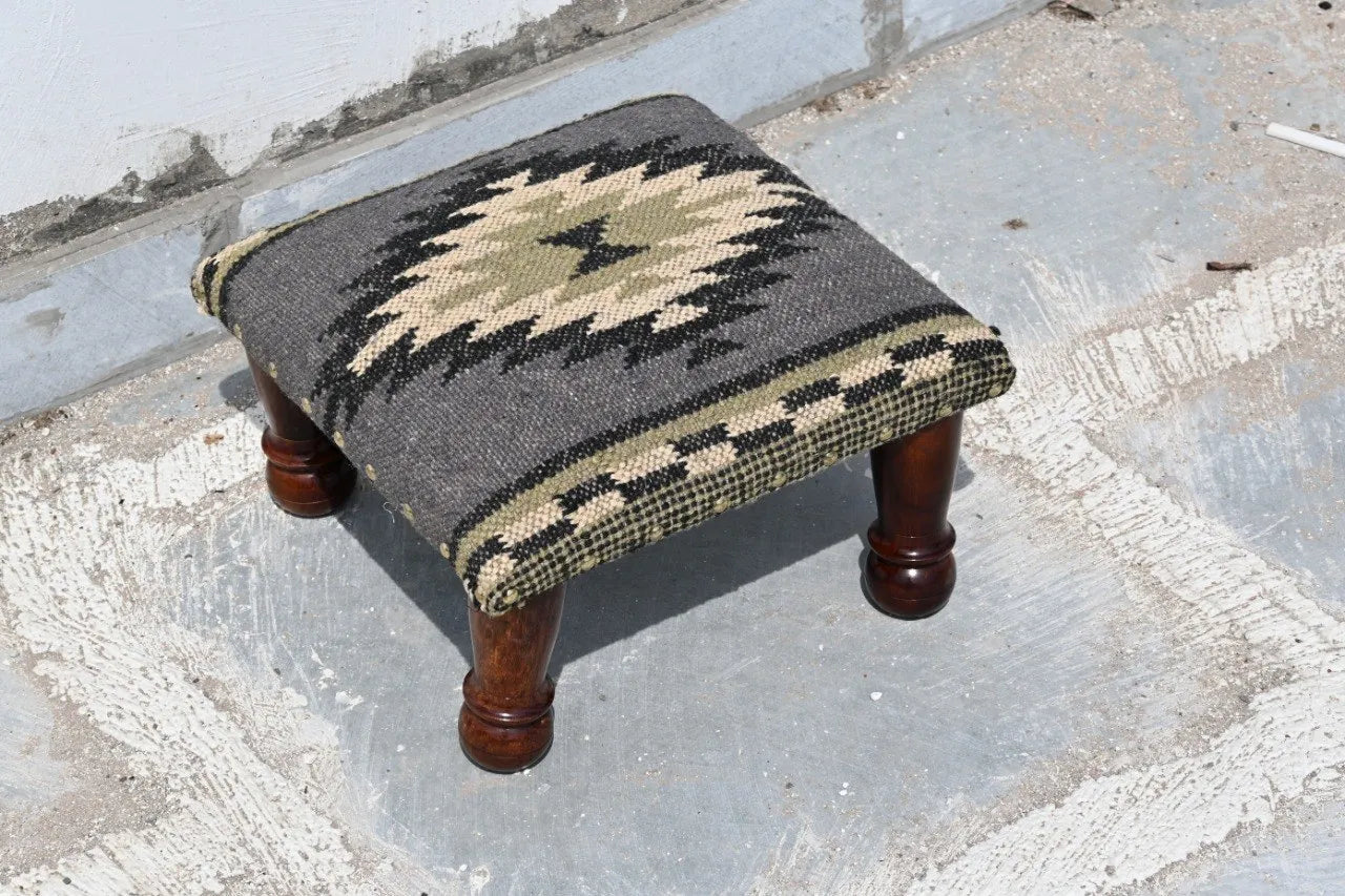 Handmade Sage Green Kilim Ottoman Footstool | Wool Jute Upholstered Tribal Accent Stool with Solid Wooden Legs for Living Room