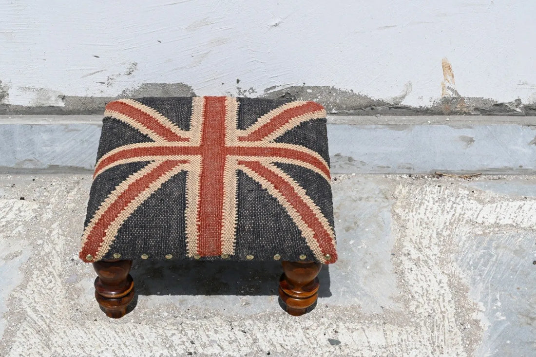 Handmade Union Jack Kilim Ottoman Footstool | Wool Jute Upholstered British Flag Pouf Stool with Solid Wooden Legs for Living Room